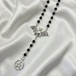Goth Bat Rosary Style Witchy Vampire Victorian Pentagram Fashion Necklace NWOT